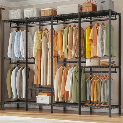 Raybee Heavy Duty Clothes Rack, 1150lbs Capacity, Adjustable | 76" W Freestanding, Steel Structure, 4 Rods & 6 Shelves, Tool-Free Assembly, Sturdy for Closet, Bedroom, Black - color: Black, style: Heavy Duty Clothes Rack