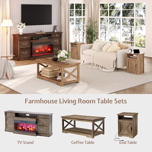 3 Piece Living Room Table Set with Barn Door, Barnwood | Includes Coffee Table and 2 End Tables, Charging Station &USB Ports, Rustic Farmhouse Style, Living Room Furniture Set - color: Barnwood