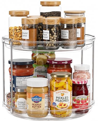 Oizeir 2 Tier Lazy Susan Organizer for Cabinet, Clear Acrylic Rotating Spice Rack Turntable for Kitchen, Pantry, Countertop, Bathroom, Vanity – Double Tier Storage Carousel with Metal Supports - size: 1-Pack