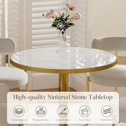 31.5" Circle Tulip Table with Sintered Stone Tabletop, Gold Edge & Pedestal | Modern Round Dining Table, Leisure Bistro Table for Kitchen, Small Places, Living Room, Cafe, Restaurant (Snow Peak Marble) - color: Snow Peak Marble (Golden Edge), size: Round