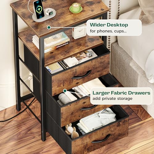 Huuger Night Stand with Charger Station and LED Lights, 3 Drawer Nightstand | Bed Side Table with Open ShelfEnd TableTall Fabric Dresser for Bedroom, Rustic Brown - color: Rustic Brown, size: 11.8"D x 15.7"W x 27.6"H（3 Drawers）