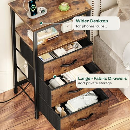 Huuger Night Stand with Charger Station and LED Lights, 3 Drawer Nightstand | Bed Side Table with Open ShelfEnd TableTall Fabric Dresser for Bedroom, Rustic Brown - color: Rustic Brown, size: 11.8"D x 15.7"W x 27.6"H（3 Drawers）