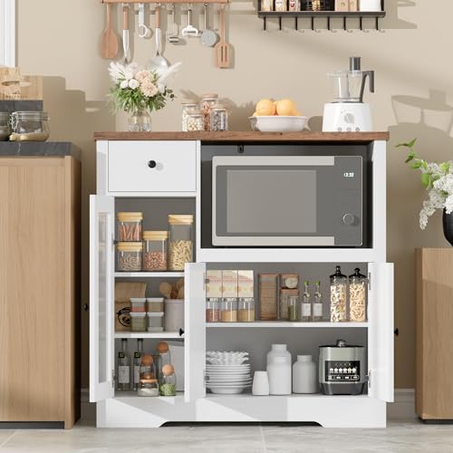 GarveeHome Kitchen Microwave Cabinet with Storage and Drawers, White | Modern Small Buffet Cabinet, Glass Doors, Adjustable Shelf, Wooden Sideboard, Wide Top, for Dining Room, Living Room - color: White