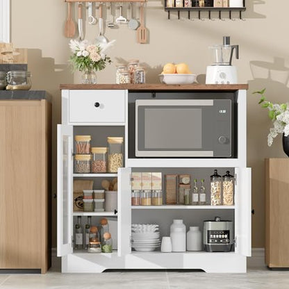 GarveeHome Kitchen Microwave Cabinet with Storage and Drawers, White | Modern Small Buffet Cabinet, Glass Doors, Adjustable Shelf, Wooden Sideboard, Wide Top, for Dining Room, Living Room - color: White