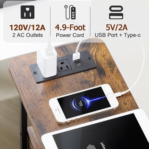 Narrow End Table with Charging Station, Small Nightstand | Skinny Side Tables Living Room with 3 Fabric Drawers, Slim Bedside Table for Bedroom, Small Spaces, Couch, Brown - color: Rustic Brown, size: 27.55''H (3 Drawers), style: Power