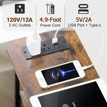 Narrow End Table with Charging Station, Small Nightstand | Skinny Side Tables Living Room with 3 Fabric Drawers, Slim Bedside Table for Bedroom, Small Spaces, Couch, Brown - color: Rustic Brown, size: 27.55''H (3 Drawers), style: Power