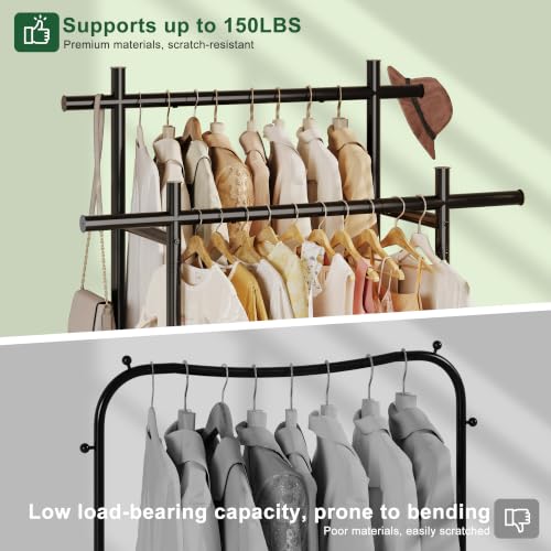 Lutown-Teen Metal Clothes Rack with Lockable Wheels, Double Rods, Black | Clothing Rack Heavy Duty with Storage Rods, 150 LB Capacity Garment Rack, Easy Assembly - color: Black, size: Double Rods