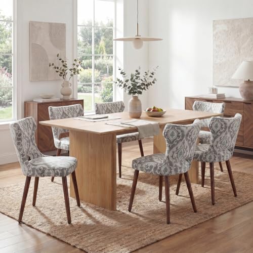 Wooden Dining Chairs Set of 6, Mid Century Dining Room Chairs with Solid Wood Legs, Upholstered Fabric Kitchen Chairs with Ergonomic Curved Backrest for Kitchen Dining Room, Jacquard - color: Jacquard, size: Set of 6