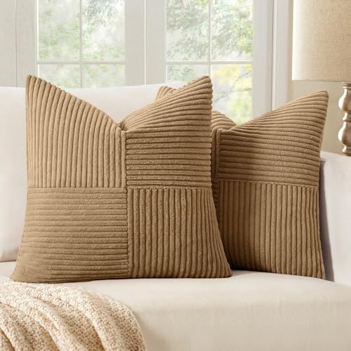 MIULEE Camel Brown Decorative Throw Pillow Covers for Couch 18x18 Inch | 2 Pack, Boho Farmhouse Pillow Covers, Soft Cross Corduroy Patchwork Textured Cushion Cases For Bed Sofa - color: Camel Brown, size: 18" x 18" (Pack of 2)