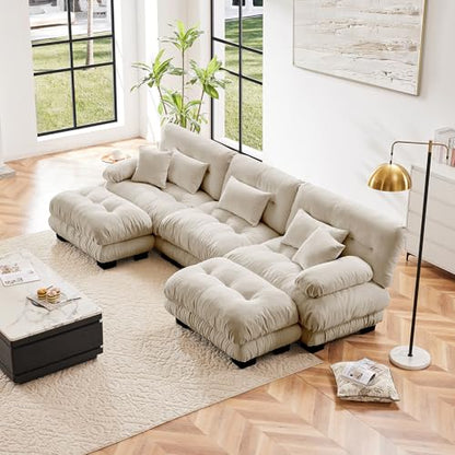 Modular Sectional Sofa for Living Room,134" U-Shaped Comfy Couch with Ottoman, Oversized 3 Seater Beige Sectional Couches with Pillows, Fluffy Couch Set with Deep Seat - color: Chenille Beige, size: 3-Seat & 2-Ottoman