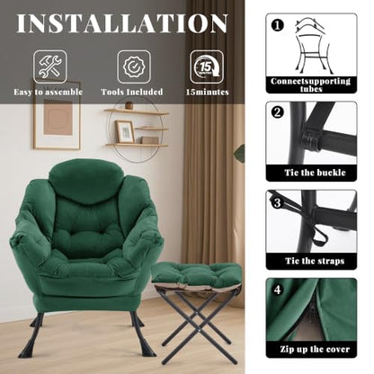 Lazy Chair with Ottoman, Comfy Reading Chair, Emerald Green | Cushioned Seat with Foldable Ottoman and Side Pocket, Lounge Chair for Bedroom, Living Room, Dorm and Small Spaces - color: Emerald Green