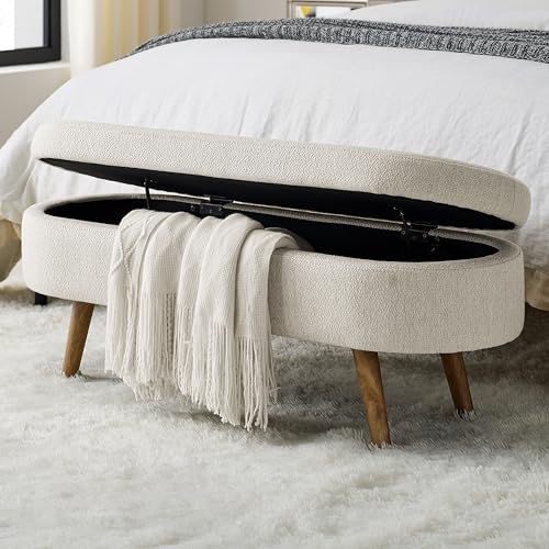 43.5" Ottoman with Storage, Storage Ottoman Bench with Safety Hinge, Linen End of Bed Bench, Upholstered Entryway Bench for Bedroom, Living Room & Window, Holds up to 330 lb, Beige - color: Beige+linen, size: 16"D x 43.5"W x 16"H