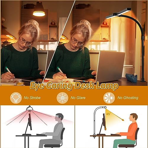 LED Desk Lamp with Clamp, 18W Dimmable Light, No Remote | 18W Dimmable Eye-Caring Clamp Light with Anti-Glare Cover and Flexible Gooseneck for Office, Dorm, Home and Study - color: Black-23.6in