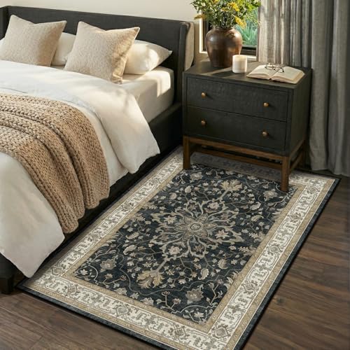 RELEANY Washable Vacuum-Friendly Area Rugs 3'x5' Black/Vintage | Low Pile Stain-Resistant, Soft Non-Slip, Floral Vintage Distress Print Pattern Medallion, for Living Room Bedroom Hallway - color: Black/Vintage, size: 3' x 5' (Rectangular)