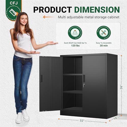 CJF Pantry Cabinet, Metal Pantry Storage Cabinets with Doors and 2 Adjustable Shelves, 36" H Locking Cabinet for Kitchen Storage, Home, Garage, Utility Room and Basement, Black - color: Black, size: 36"Hx 32"Wx 16"D-0Drawer