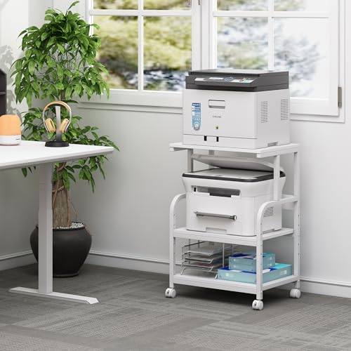 Fannova White Printer Stand Table with Height Adjustable Storage Shelf | 3 Tier Rolling Printer Cart with Wheels, Dual Printer Stand, Printer Side Table for Home Office Organization - color: White