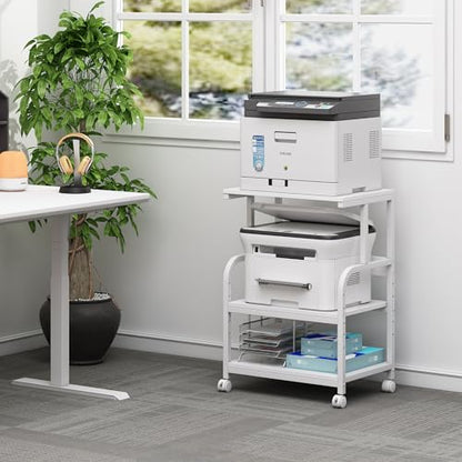 Fannova White Printer Stand Table with Height Adjustable Storage Shelf | 3 Tier Rolling Printer Cart with Wheels, Dual Printer Stand, Printer Side Table for Home Office Organization - color: White