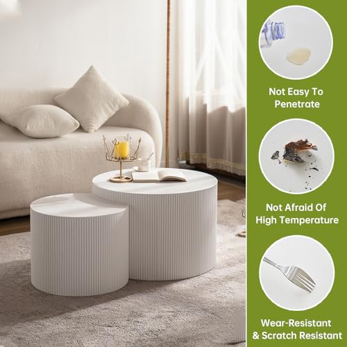 18 inch Round White Fluted Nesting Coffee Table Set of 2, B Small | Spray Painting Finish, For Living Room, Nested Crescent Side Table, Nestable Design, Mid-Century Modern, For Small Spaces - color: White a Small