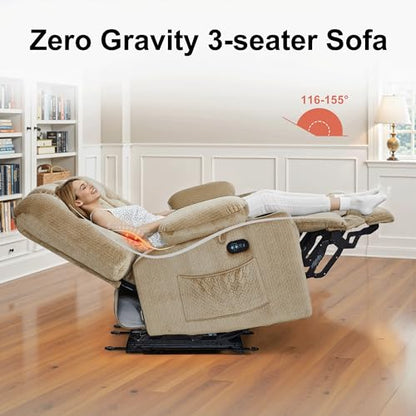 MCombo 82 in 3 Seater Reclining Sofa with Heat and Massage PR647 (Beige) | 155° Zero Gravity, Reclining Middle Seat, Dual Charging Ports, Cup Holders, FSC & OEKO Certified - color: Beige, size: 3 Seater Recliner with Zero Gravity