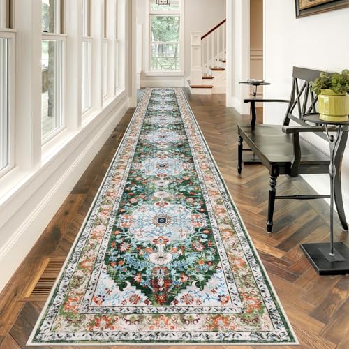 U'Artlines 2.6' x 20' Extra Long Boho Hallway Runner Rug, Green | Non Slip Washable Vintage Farmhouse Accent Area Rug Carpet for Kitchen Entryway Laundry and Living Room - color: Green, size: 2.6' x 20' (Runner)