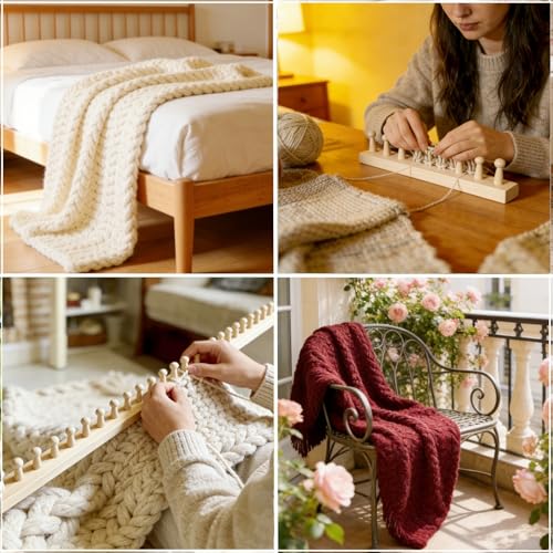 FOBEVTEF 53.9'' DIY Chunky Knit Blanket Loom, Wooden Loom Frame for DIY Throw Blankets, Adjustable Size Hand Knitting Kit | No Needles Required | Foldable & Portable | Beginner Friendly Yarn Craft - size: 53.9 inch