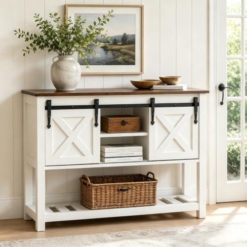 Farmhouse Entryway Table with Sliding Barn Doors, Wood Console Table with Storage Shelf, Rustic Sofa Table for Living Room, Entryway, Foyer, White - color: White