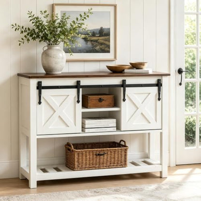 Farmhouse Entryway Table with Sliding Barn Doors, Wood Console Table with Storage Shelf, Rustic Sofa Table for Living Room, Entryway, Foyer, White - color: White