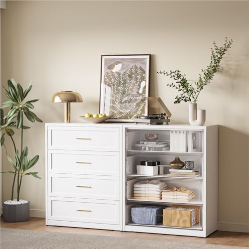 COFaR Metal Dresser for Bedroom, White Metallic Bedroom Dresser with 4 Drawers and Gloden Handle, Dressers & Chests of Drawers for Nightstand Bedside, 39in Tall White - color: White, size: Farmhouse 4 Drawer