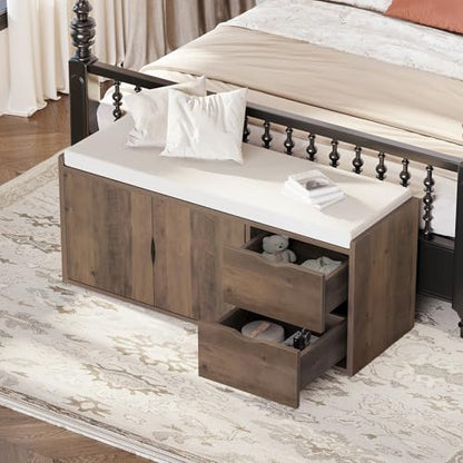 LVB Entryway Bench with Storage, 40" Shoes Bench with Padded Cushioned Seat | Farmhouse Shoe Bench with 2 Drawers Cabinet Shelf, Industrial Wood Shoe Rack Bench for Living Bedroom, Rustic Oak - color: Rustic Oak