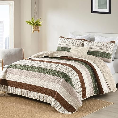 DJY Striped Quilt Set King Size, Boho Brown Green Striped Bedspread Coverlet Set Soft Microfiber Patchwork Quilt Bedding Set 3 Pieces for All Season(110"x90") - color: Brown Green, size: King