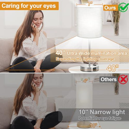 Set of 2 Grey Touch Control Table Lamps with 2 USB Ports & AC Outlet, 3-Way Dimmable Bedside Nightstand Lamps, Desk Lamp for Bedroom Living Room Nursery, 800 Lumens 5000K Daylight Bulbs Included - color: (2 Pack)Gray & Brushed Nickel(Base)-5000K Bulbs Inc