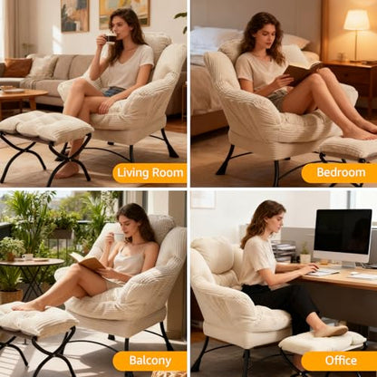 Lazy Chair with Ottoman, Modern Skinny Lounge Chair with Footrest | Foldable Footrest, Padded & Backrest with Side Pocket, Comfy Accent Reading Chair for Living Room & Small Spaces, White - color: White