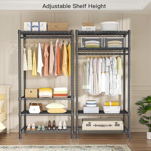 H2 Heavy Duty Clothes Rack, Freestanding 4 Tiers Garment Rack for Hanging Clothes with Shelves and Hangers, Closet Organizers and Storage Metal Closet Wardrobe System, Max Load 500 LBS, Black | Metal Closet System for Hanging Clothes with Shelves and Hang
