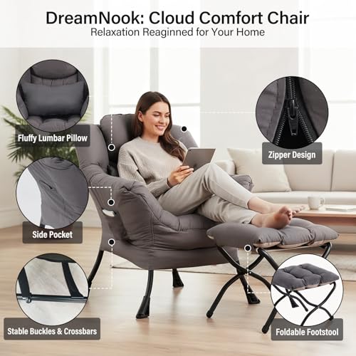 Lazy Chair with Ottoman, Reading Chair with Pillow，Dark Grey | Comfy Accent Lounge Chair with Pillow & folding Foot Stool, sturdy metal frame for bedroom, dorm or apartment, Living Room - color: Dark Grey