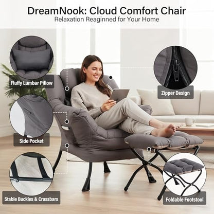 Lazy Chair with Ottoman, Reading Chair with Pillow，Dark Grey | Comfy Accent Lounge Chair with Pillow & folding Foot Stool, sturdy metal frame for bedroom, dorm or apartment, Living Room - color: Dark Grey