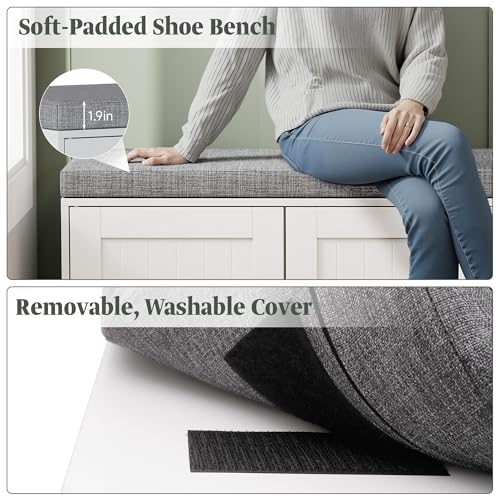 Turosur Shoe Storage Bench with Cabinet, 3-Tier Entryway Bench with Padded Seat Cushion, Shoe Cabinet Bench with 4 Adjustable Shelves for Bedroom, Mudroom, White