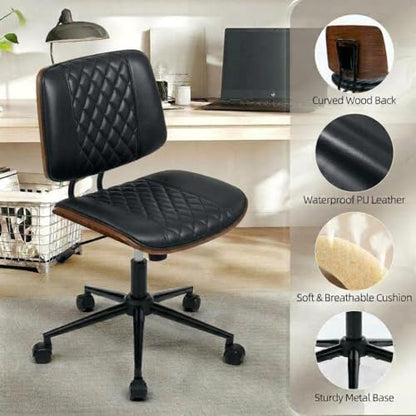 Home Office Desk Chair with Swivel Wheels, Ergonomic Adjustable Height Small Office Chair, Premium PU Leather Armless Computer Chair for Home Office, Reading Meeting Room, Modern Walnut Style (Black) - color: Mcm Style-black