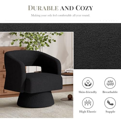 Luxanimarion Swivel Barrel Accent Chair,Oversized Teddy Upholstered Round Swivel Chair,Modern Luxury 360 Degree Living Room Vanity Chair for Bedroom Office,Black,1PCS - color: Black-teddy Fabric, size: Set of 1