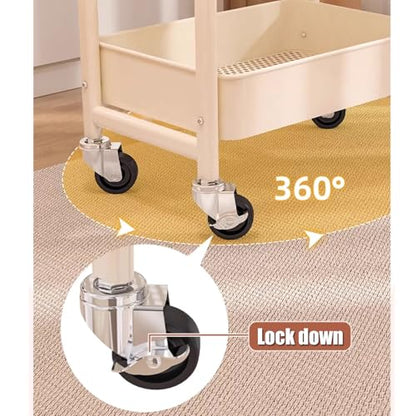 3-Tier Rolling Utility Cart with Drawers, Solid Wood Tabletop Metal Storage Cart, 360° Swivel Wheels & 2 Lockable Casters, Lightweight Mobile Organizer Trolley for Kitchen Living Room Bathroom - color: White.b
