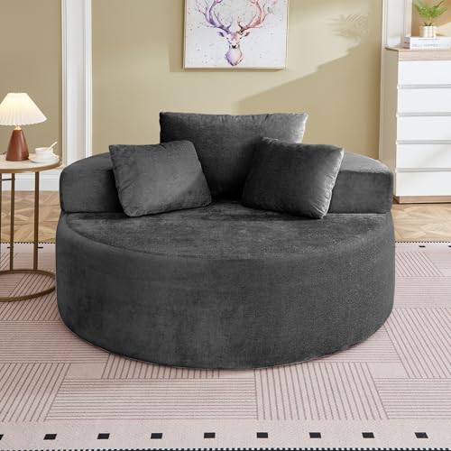 55" Oversized Round Chaise Longue Chair Indoor, Upholstered Terry Circle Single Cloud Reading Sofa Chair Deep Seat Modern Boneless Sleeper Couch No Assembly Required, Grey - color: Grey, style: 55"Terry