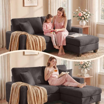 DOPEDIO 88.58" L-Shaped Sectional Sofa with Storage Ottoman, Dark Grey | L-shaped sectional sofa with storage ottoman, chenille fabric, washable covers, pocket spring cushions, easy assembly - size: 88.58 inch-L, style: Dark Grey Chenille