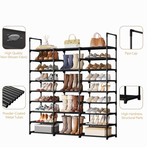 9-Tier Shoe Rack Organizer for 50-55 Pairs, Stackable Large Shoe Stand | Entryway Heavy Duty Shoe Rack, Tall Shoe Boot Storage, Black Metal Shelf for Storing Handbags, Boxes, Books, Flowerpots - size: L 9-Tier