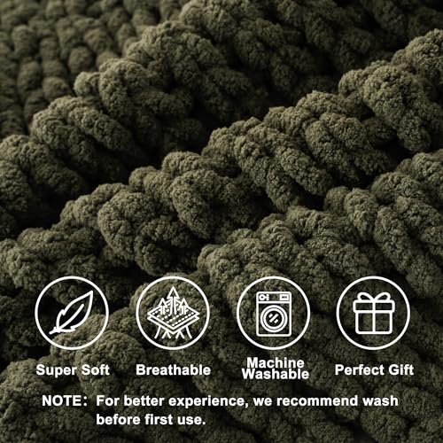 Olive Green Chunky Knit Throw Blanket, Knit Throw Blanket for Couch 50"x60" | Soft Thick Green Chenille Throw Blanket, Handmade Cable Knit Crochet Blanket for Bed, Sofa, Living Room - color: Olive Green