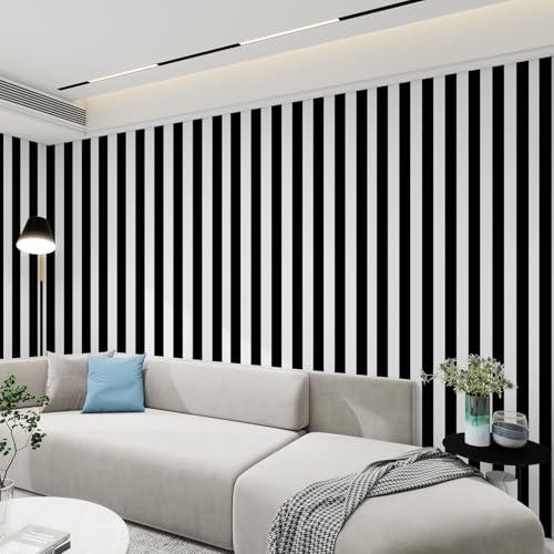 Black and White Striped Peel and Stick Wallpaper 17.3"x1200" | Black and White Contact Paper Modern Removable Self-Adhesive Vinyl Striped Wallpaper for Bedroom Bathroom Kitchen - color: Black, size: 17.3" x 1200"