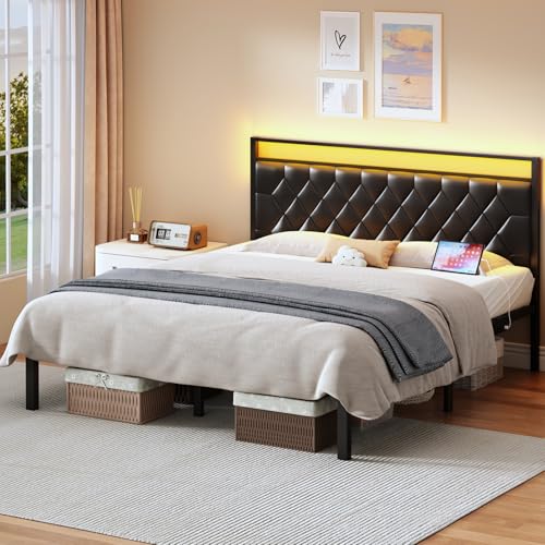 King Size Bed Frame with Charging Station, LED Light and PU Leather Upholstered Headboard, Platform Bed Frame with Under-Bed Storage, Easy Assembly, Noise Free, No Box Spring Needed, Black - size: King (U.S. Standard)