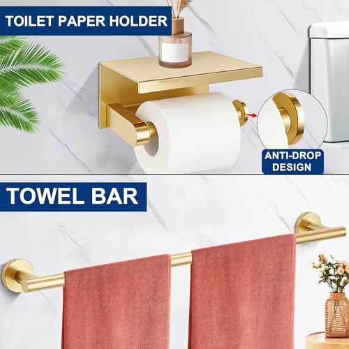 5 Pieces Bathroom Hardware Accessories Set Brushed Gold, 24Inch Bathroom Towel Rack Set SUS304 Stainless Steel, Round Toilet Paper Holder with Shelf Heavy Duty, Wall Mounted - color: Brushed Gold, size: 5 Pieces 24" A