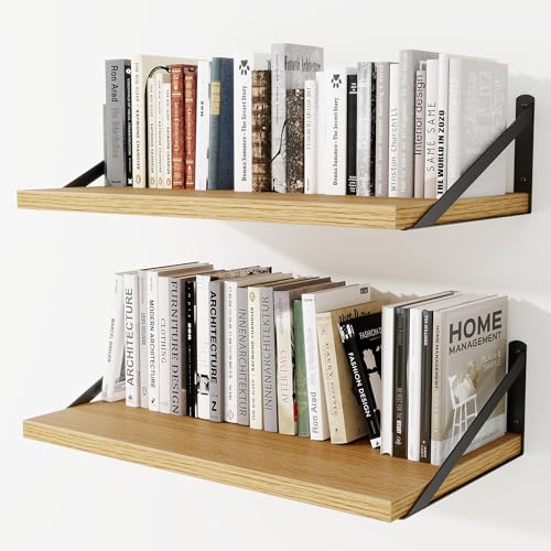 Deep Wall Shelves 24"W x 12"D Engineered Wood Floating Shelves for Wall, Sturdy Metal Bracket Bookshelves Home Decor Storage for Living Room Bedroom Bathroom Kitchen, Set of 2, Oak Finish - color: Oak, size: 24"w x 12"d