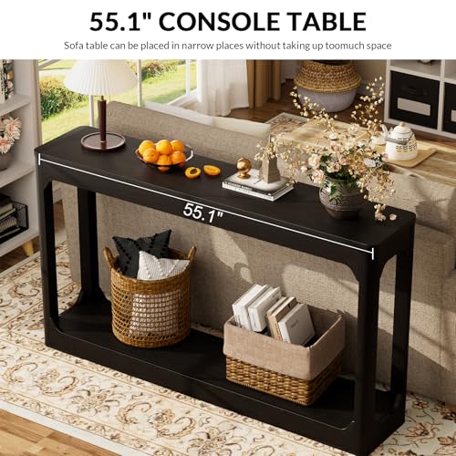 55.1" Console Table, Entryway Sofa Table for Hallway, Black | Engineered wood, Slim console table, curved legs, 2-tier storage, entryway hallway sofa living room - color: Black