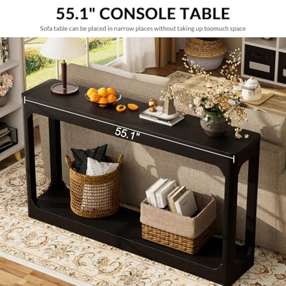 55.1" Console Table, Entryway Sofa Table for Hallway, Black | Engineered wood, Slim console table, curved legs, 2-tier storage, entryway hallway sofa living room - color: Black