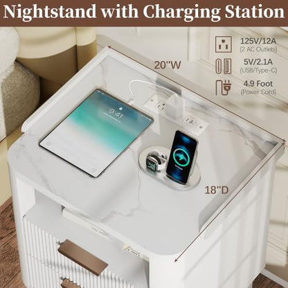 Baoz White Fluted Nightstand with Charging Station & 2 Drawers for Bedroom | 20" Wide Mid Century Modern Bedside Table Wood Faux Marble Top Curved Profile Design 27in Tall LED Night Stand - color: White, size: 2 Drawers